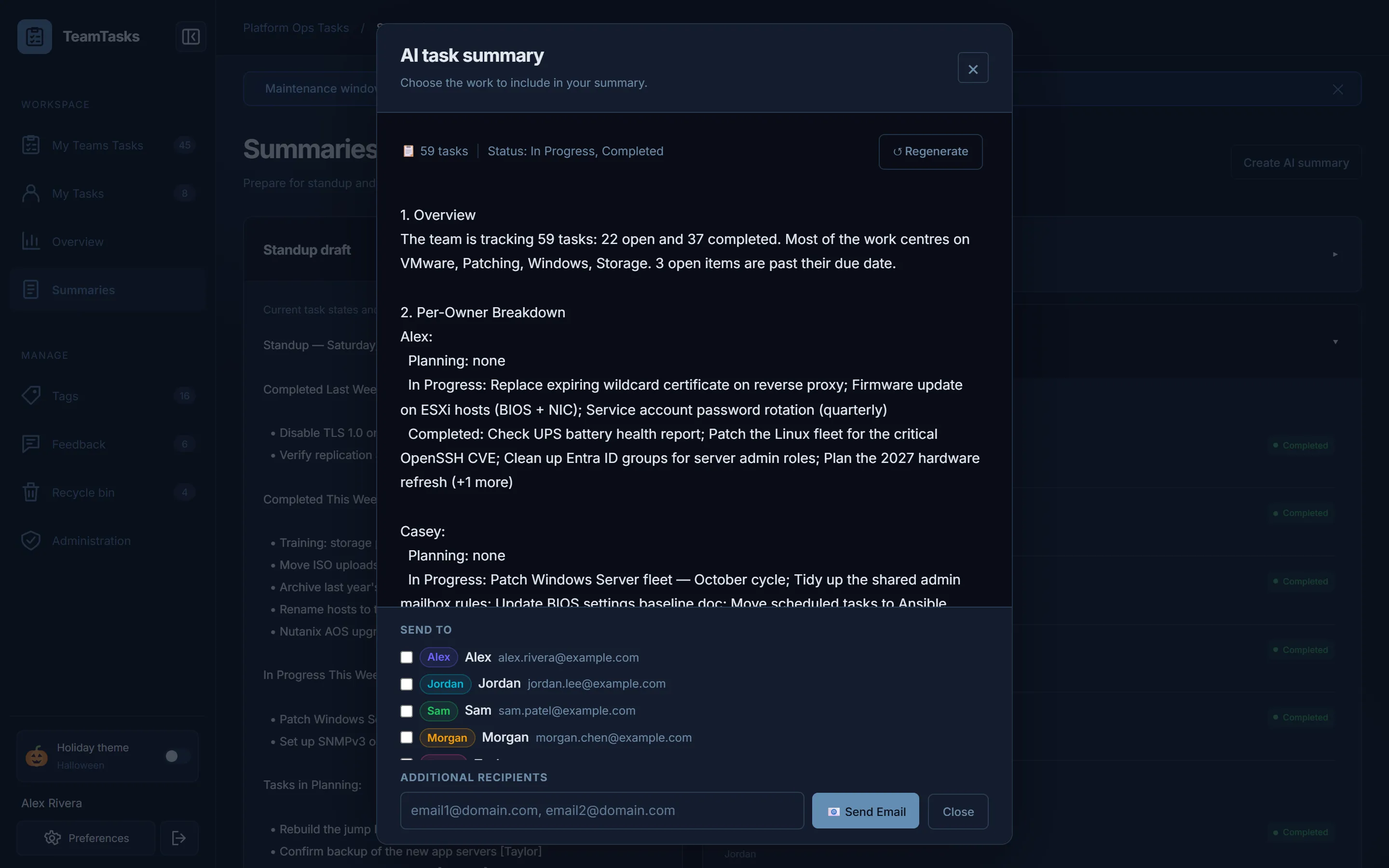 AI summary, grouped by owner, ready to email to the team