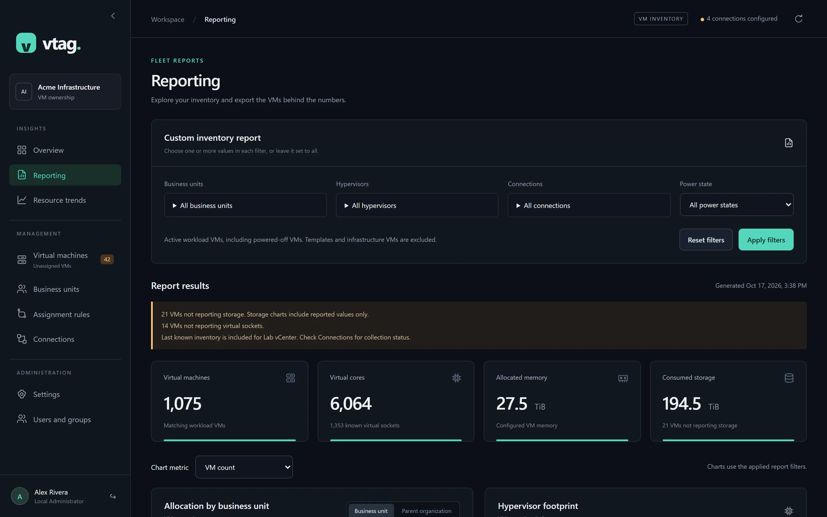 Reporting — filtered resource totals, exportable to CSV