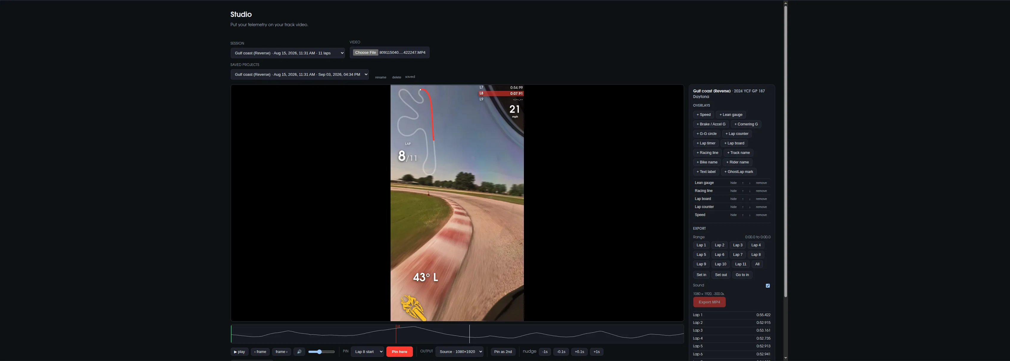 Studio — telemetry overlays rendered onto on-board video