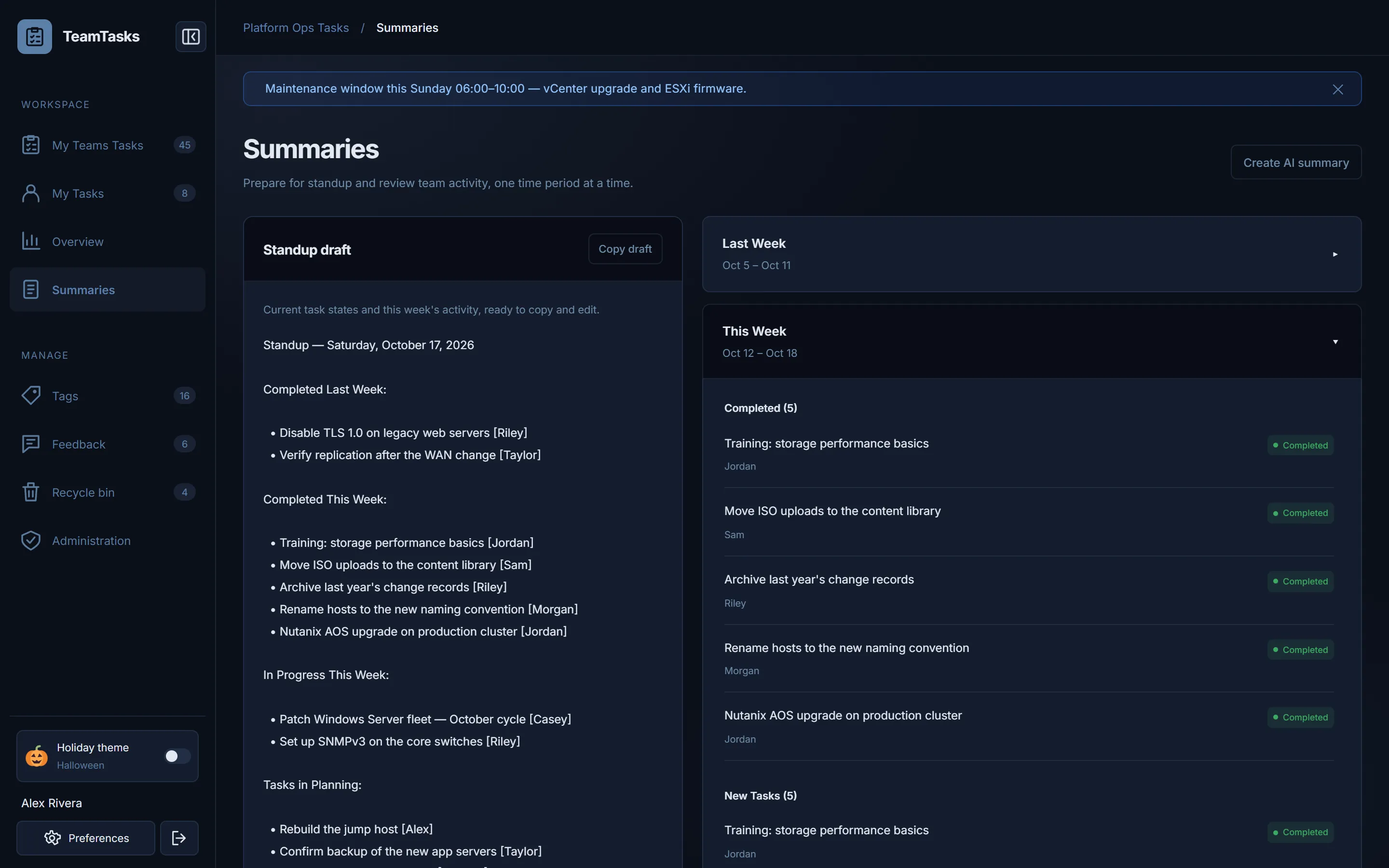 Summaries — a standup draft built from the week’s activity